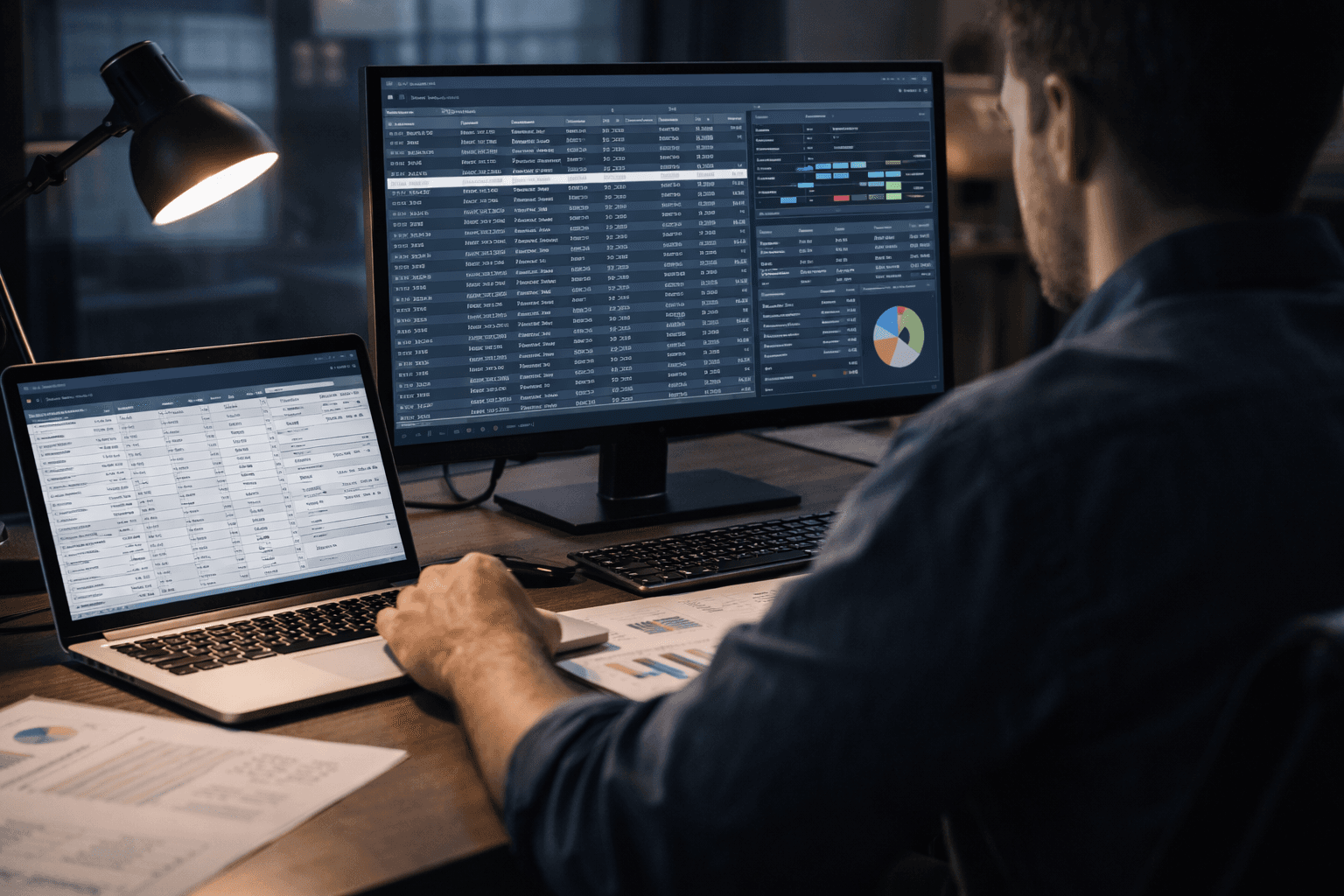 Investigator working at a dual-monitor workstation