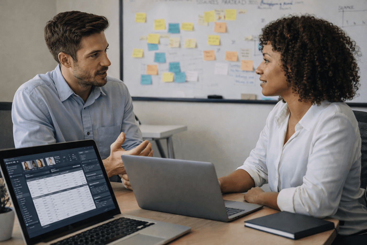Team collaborating at a desk with laptops